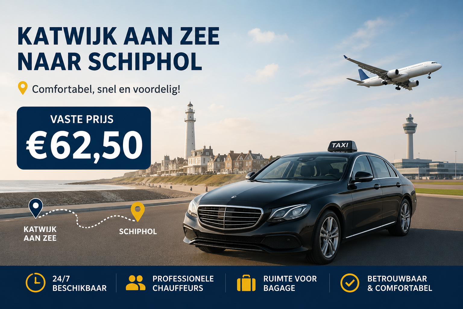 Taxi Katwijk aan Zee naar Schiphol voor €62,50 vaste prijs met comfortabele luchthaven taxi.